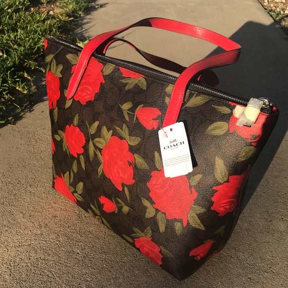 SOLD///Coach Camo RoseπΉ Taylor Tote Brown/Red - Picture 2 of 8